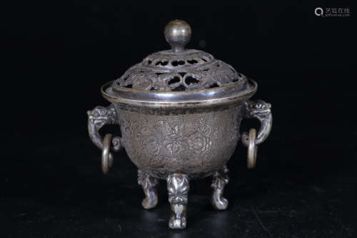 SILVER CAST AND CARVED TRIPOD CENSER WITH HANDLES AND LID