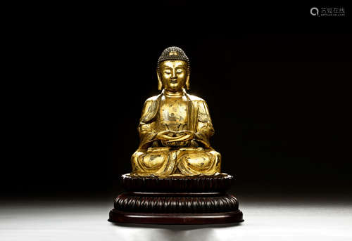 GILT BRONZE CAST SHAKYAMUNI BUDDHA SEATED FIGURE