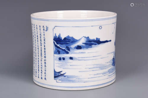 BLUE AND WHITE 'LANDSCAPE SCENERY AND CALLIGRAPHY' BRUSH POT