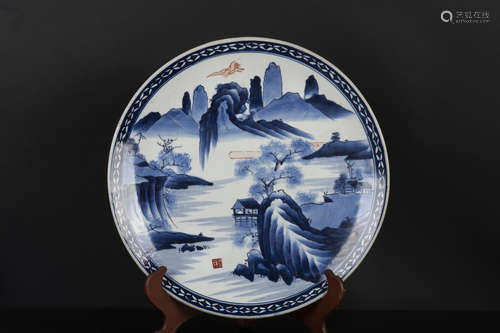 BLUE AND WHITE UNDERGLAZED RED 'LANDSCAPE SCENERY' DISH