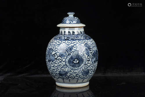 BLUE AND WHITE 'FLOWERS' JAR WITH LID