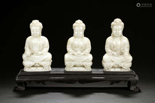 SET OF THREE SHOUSHAN SOAPSTONE TRIKAYA BUDDHA