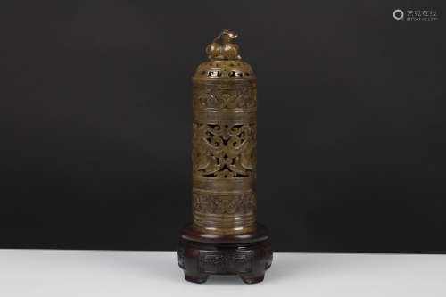 MAGNIFICENT METEORITE LUMINOUS PEARL CARVED INCENSE HOLDER WITH LID