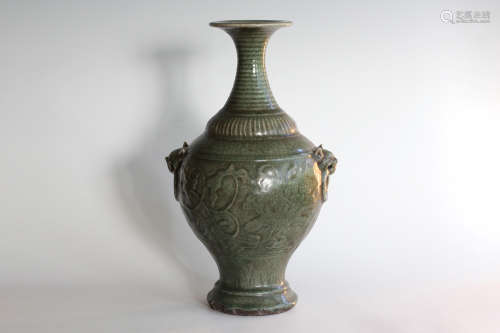 BEAST-HANDLES VASE WITH FLOWERS DESIGN, LONGQUAN YAOSONG DYNASTY