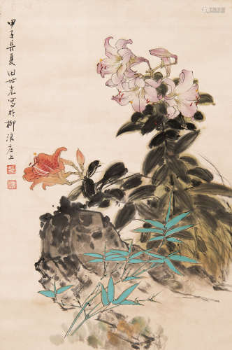 TIAN SHIGUANG: INK AND COLOR ON PAPER PAINTING 'FLOWERS'