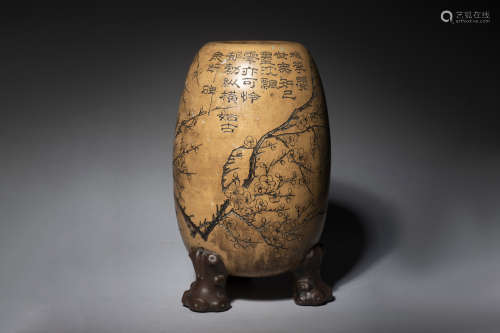 CARVED TRIPOD 'PLUM FLOWERS AND CALLIGRAPHY' VASE