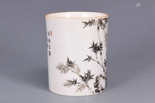 GRISAILLE PAINTED 'BAMBOO' BRUSH POT