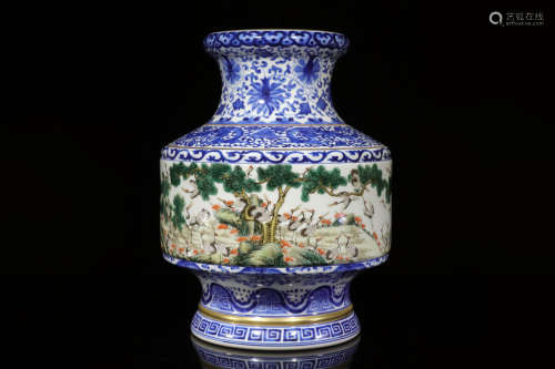 BLUE AND WHITE FAMILLE ROSE 'CRANES AND PINE TREES' VASE