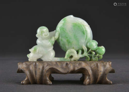 JADEITE CARVING OF CHILD FIGURAL GROUP W/ HORN STAND