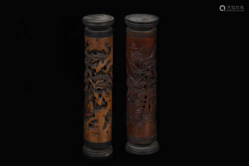 TWO CARVED BAMBOO SCROLL CASES