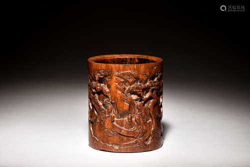 BAMBOO CARVED 'PEOPLE AND LANDSCAPE' BRUSH POT