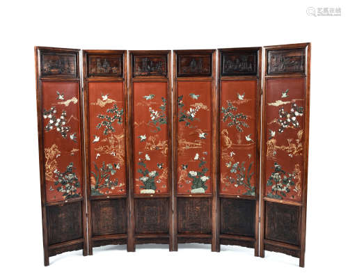 SET OF SIX WOODEN CARVED APPLIQUE AND LACQUER FLOOR SCREENS