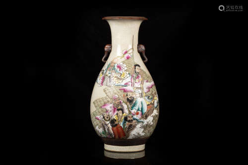 FAMILLE ROSE 'EIGHT IMMORTALS' VASE WITH HANDLES