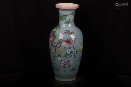 FAMILLE ROSE AND BLUE GROUND 'BIRDS AND FLOWERS' VASE