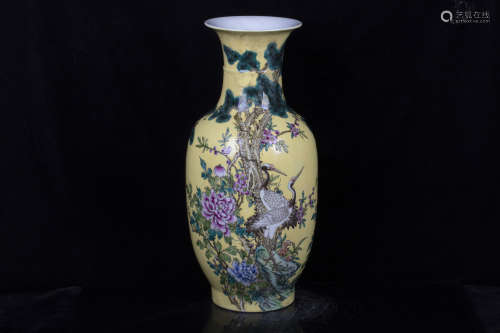 FAMILLE ROSE YELLOW-GROUND 'FLOWERS' VASE