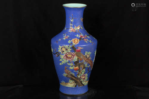 FAMILLE ROSE AND BLUE GROUND 'FLOWERS' VASE