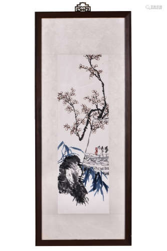 WU PING: FRAMED INK AND COLOR ON PAPER PAINTING