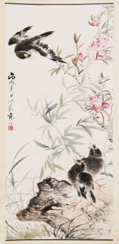 JIANG HANTING: INK AND COLOR ON PAPER PAINTING 'FLOWERS AND BIRDS'