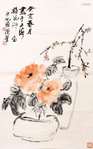 ZHU YIZHAN: INK AND COLOR ON PAPER PAINTING 'FLOWER BLOSSOM'