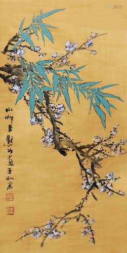 JIN MORU: INK AND COLOR ON SILK PAINTING 'BAMBOO AND FLOWERS'