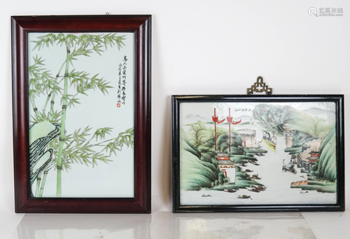 Two Framed Chinese Painted Porcelain Tiles