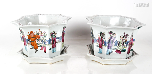 Pair Chinese Polychrome Enamel & Porcelain Planter