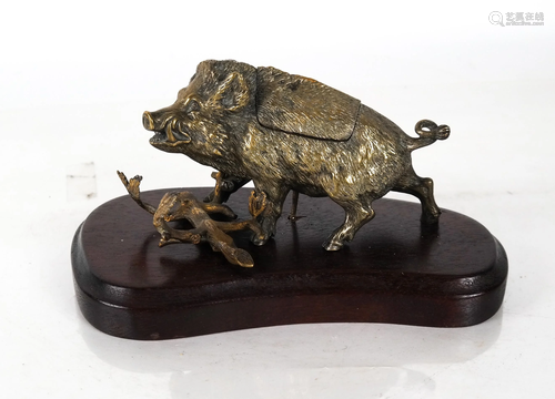 Boar-Form Hinged Vessel on Wood Base