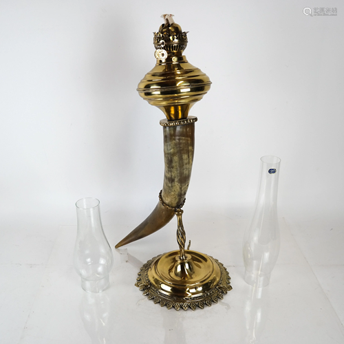 Antique Horn & Brass Oil Lamp