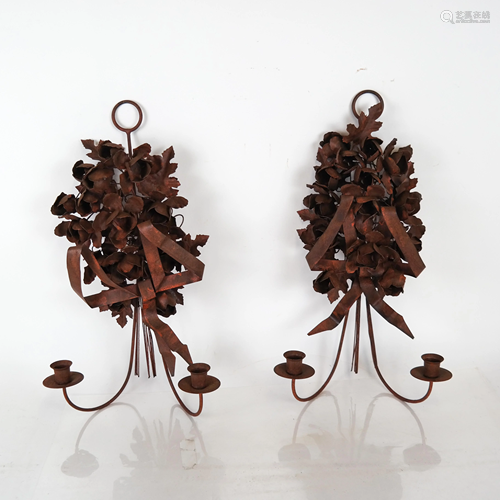 Pair Tole Floral & Ribbon-Form Sconces