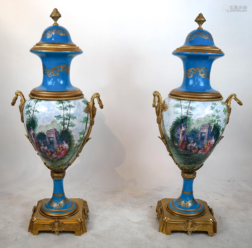 Pair Bronze-Mounted Painted Porcelain Covered Urns