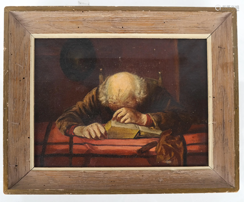 Painting: Scholar Asleep at His Desk - Oil on Canv