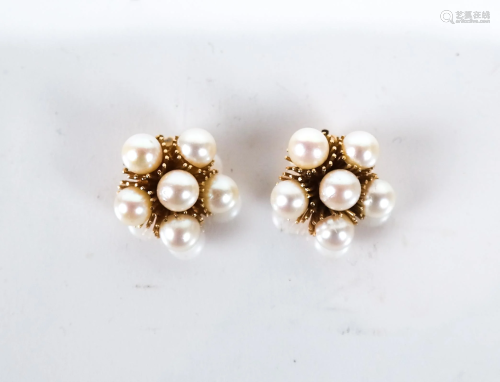 Pair 14K Gold and Pearl Cluster Ear Clips