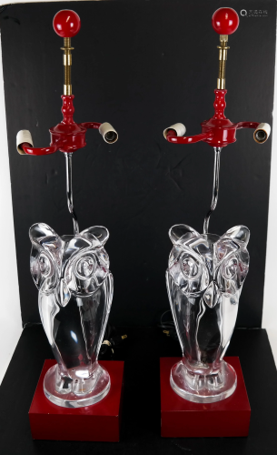 Pair of Sevres Crystal Owl-Form Lamps