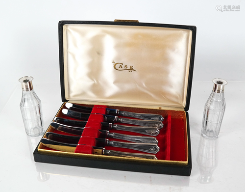 Sterling Silver Butter Knife Set & 2 Cruets