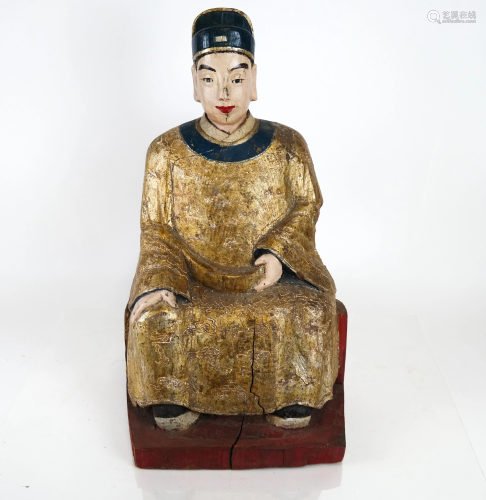 Chinese Painted Wood Seated Emperor Sculpture