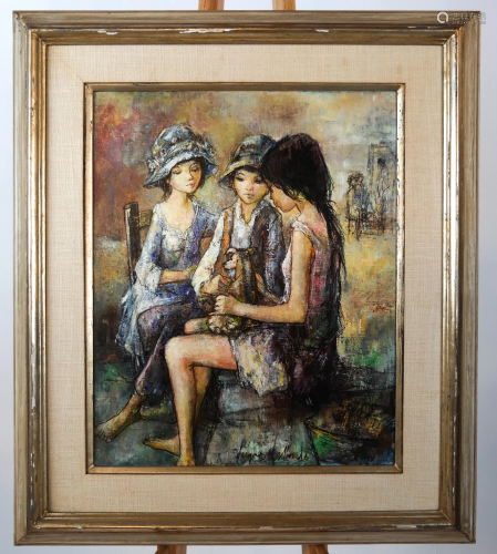 Jacque LALANDE: Three Girls - Oil on Canvas