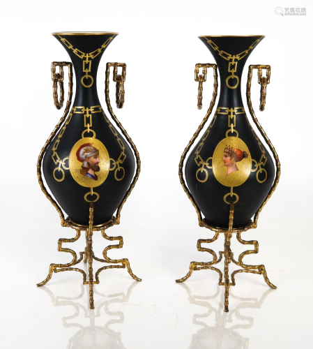 Pr Victorian Porcelain Vases in Bronze Frames