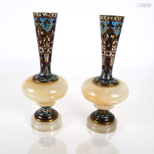 Pair Alabaster and Cloisonne Vases