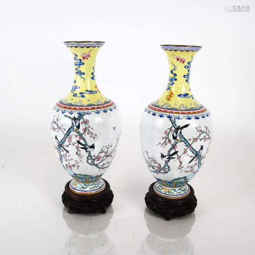 Pair Chinese Polychrome Vases on Wood Stands