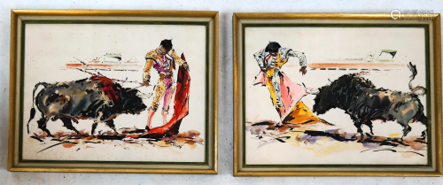 W. PRESTON: Pair of Watercolors - Bullfighting