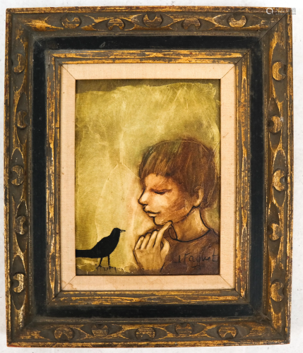 Josette FAQUET: Girl and Bird - Oil on Canvas