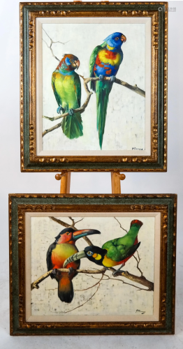 Honore CAMOS: Pair of Bird Paintings - Oils on Can