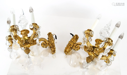 Pair Rock Crystal and Bronze Sconces