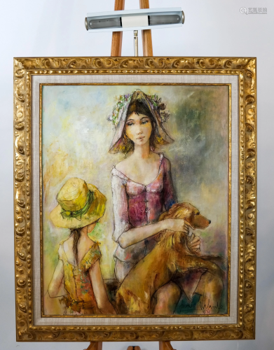 Jacque LALANDE: Girl with a Dog - Oil on Canvas