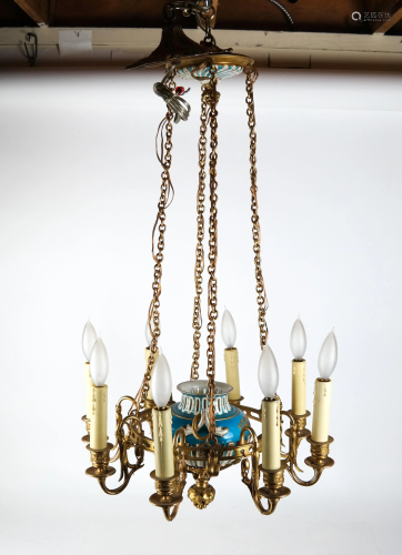 French Bronze Dore and Porcelain Chandelier
