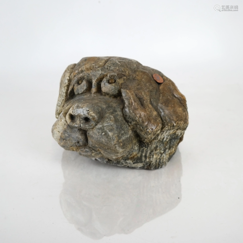 Carved Stone Dog's Head Door Stopper