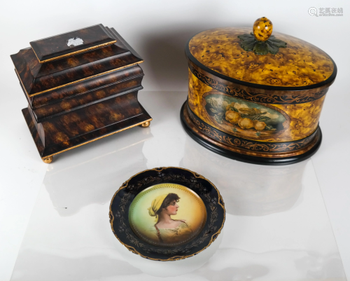 Two Faux Painted Resin Boxes & A Dresden Porcelain