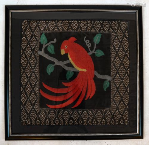 Framed Hooked Wool Textile of Parrot