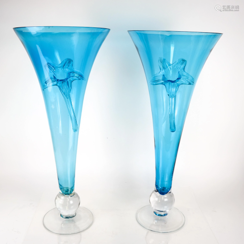 Pair of Monumental Blue Glass Trumpet Vases