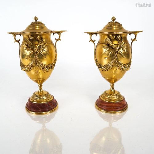 Pair Bronze Covered Urns on Marble Bases
